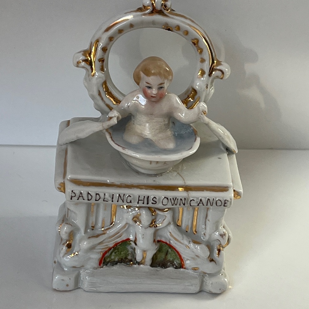 Vintage Porcelain Paddling His Own Canoe Figurine Victorian Fairing Cherub Child